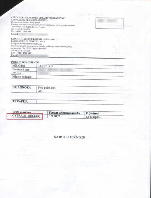 Nalaz — Zloćudni tumor pluća (anonimizirano)