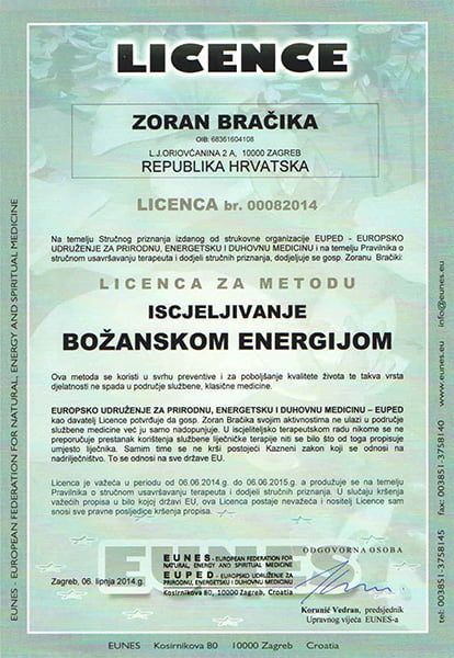 Licenca za metodu iscjeljivanja božanskom energijom — Zoran Bračika